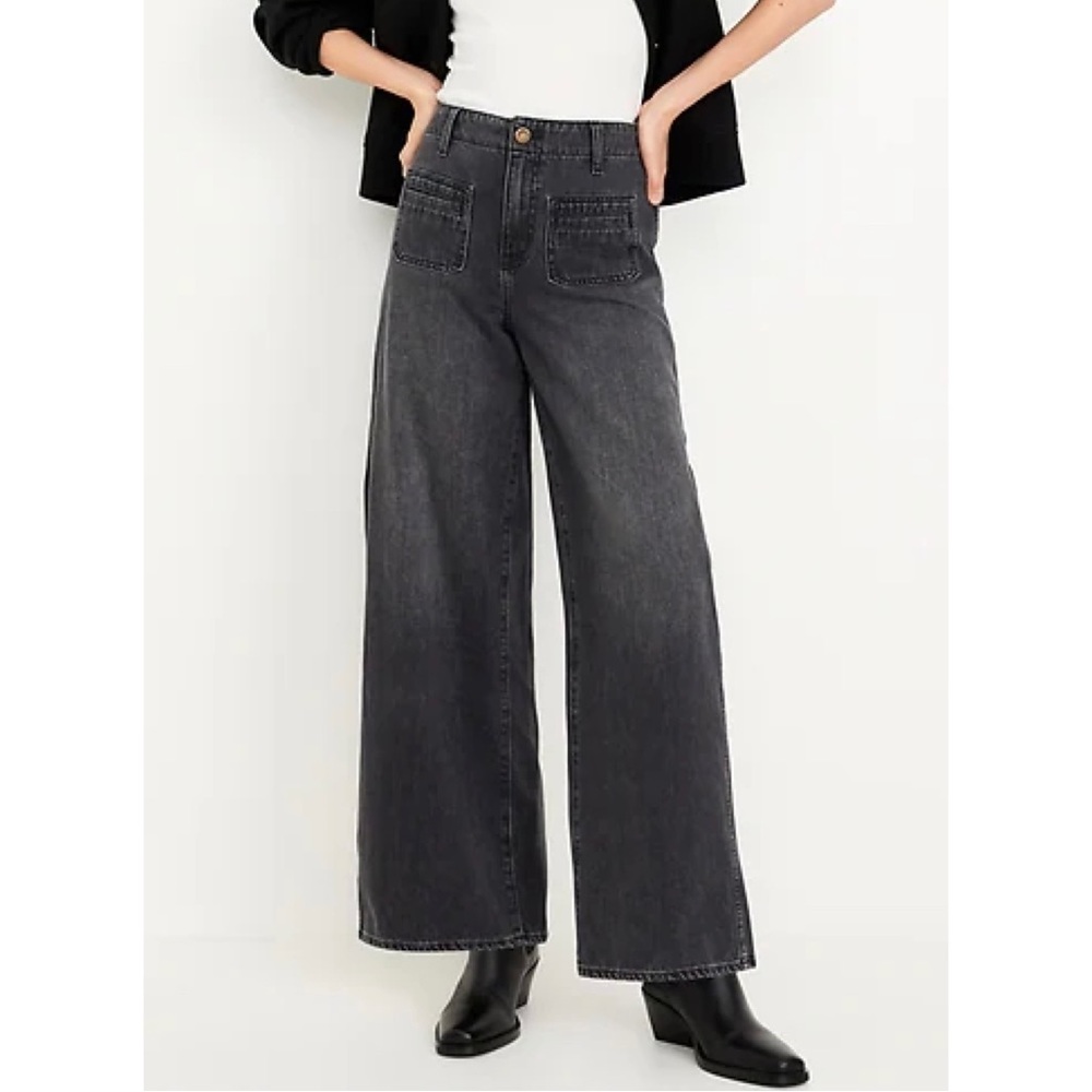 Old Navy High Waisted Baggy Wide Leg Trouser Jeans Front Pocket Washed Black 4P